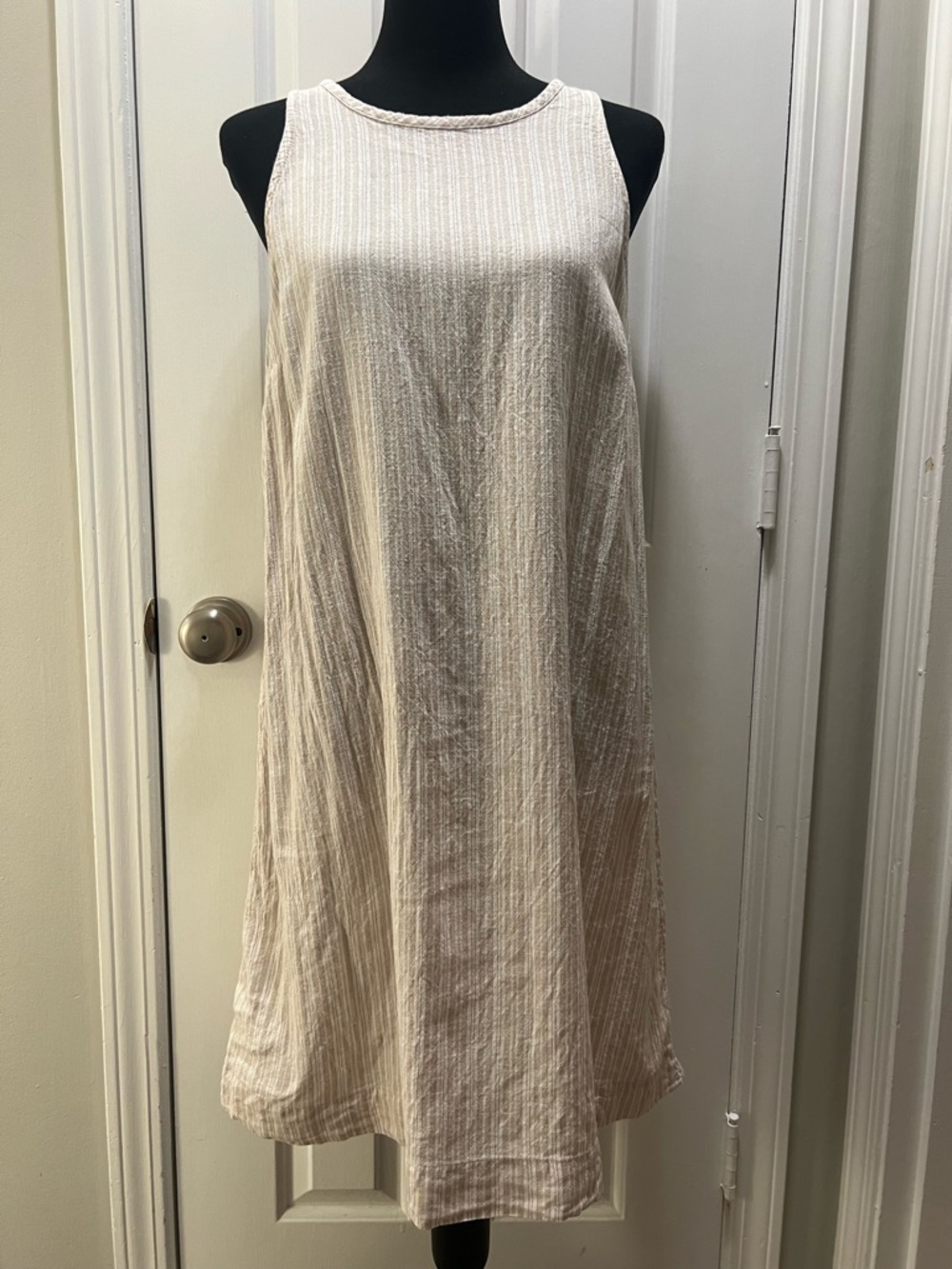 Linen Blend Sleeveless Cream Striped Summer Dress Size Large